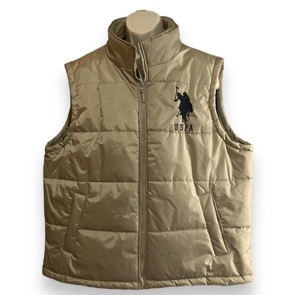 USPA US Polo ASSN. Puffer Vest Men's XXL Zip Up Tan/Khaki and Navy - Picture 1 of 8